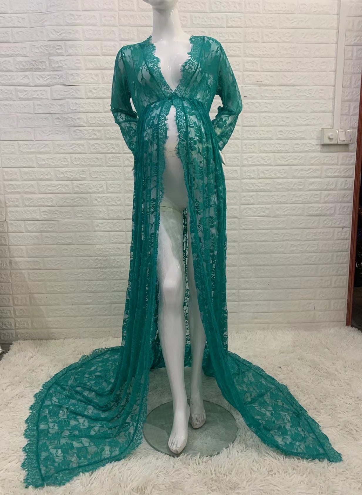 Maternity Photo Shoot Lace Sheer Open Front Maxi Robe