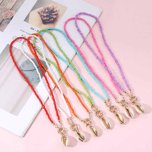 Boho Colorful Rice Bead Cowrie Shell Pendant Long Necklace | Vacation Ethnic Style Beaded Choker
