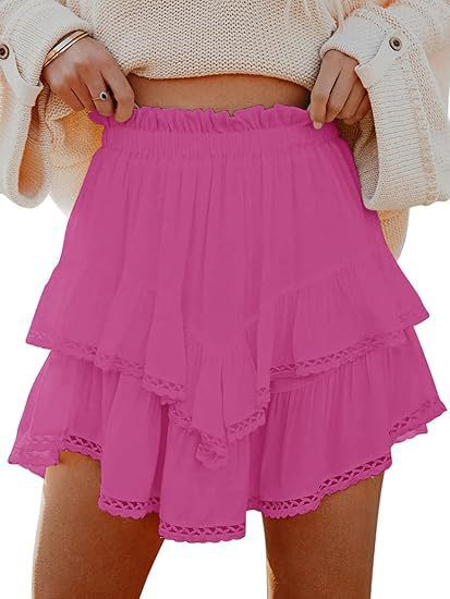 Boho Elastic Waist Tiered Ruffle Lace Trim Loose Mini Skirt