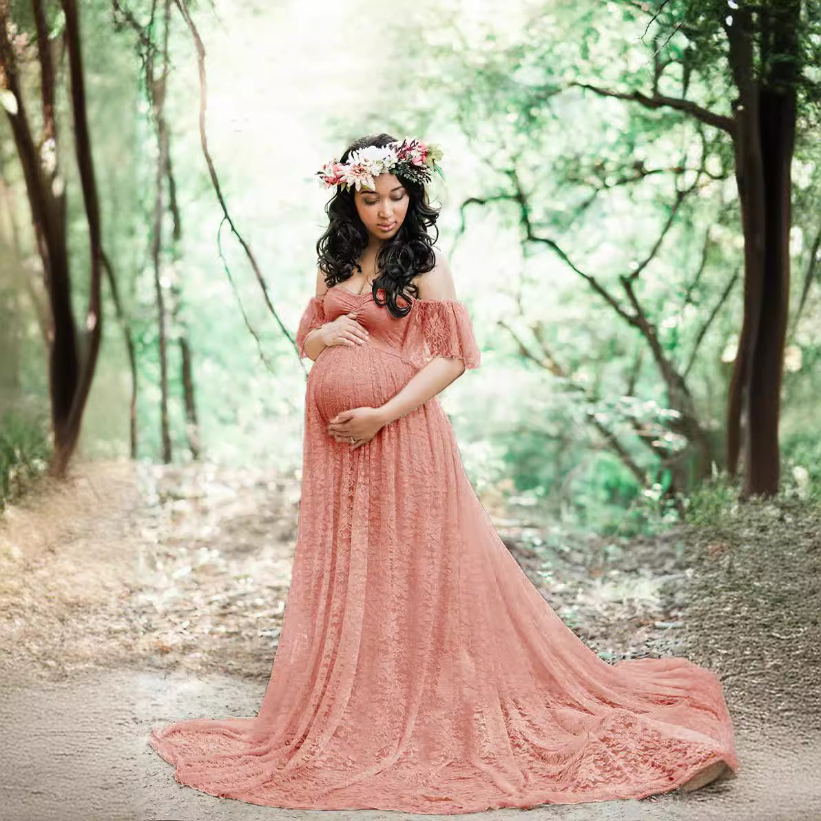 Maternity Photo Shoot Off Shoulder Lace Trailing Maxi Dress