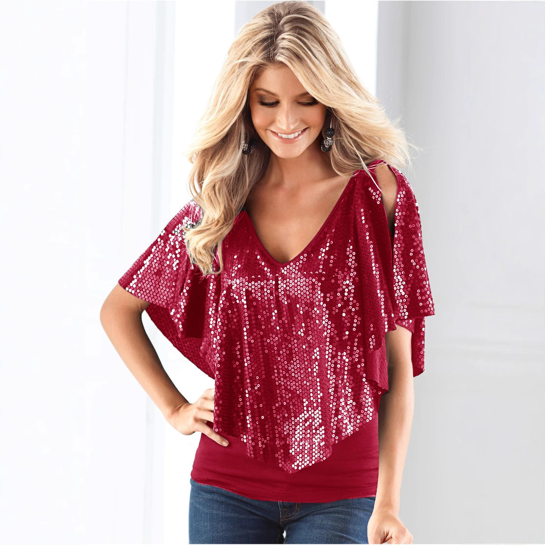 Boho V-Neck Cold Shoulder Sequin Ruffle Chiffon Top