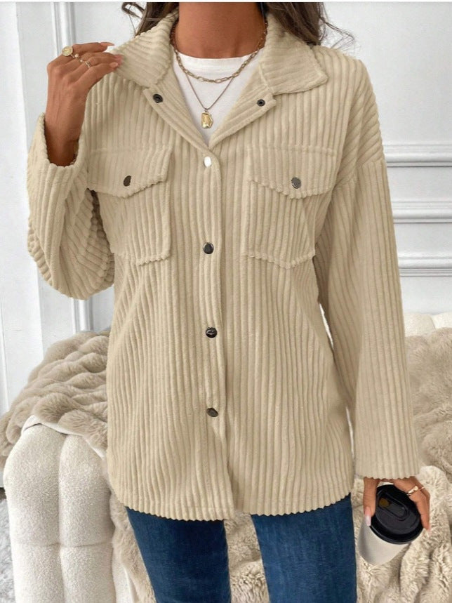 Beige Corduroy Boho Loose Shirt Jacket