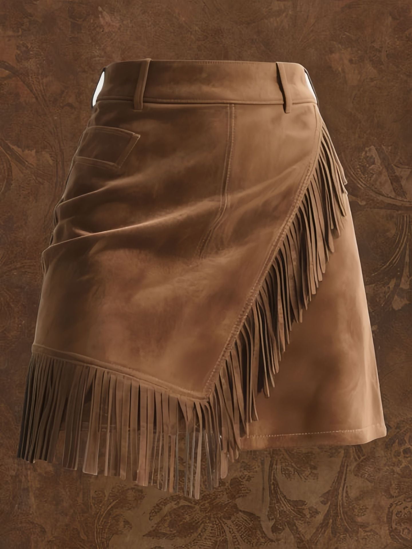 Vintage Western Style Suede Fringe Wrap High Waist Mini Skirt | Y2K Slimming A-Line Skirt