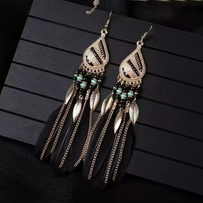 Boho Blue Feather Tassel Earrings | Ethnic Style Niche Design Jewelry