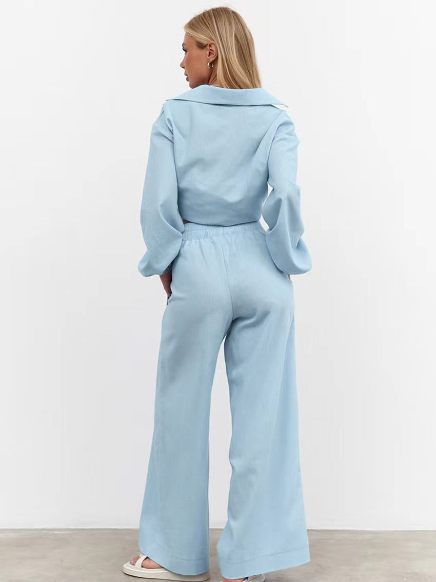 3-Color Loose Casual Shirt & Wide Leg Pants Set