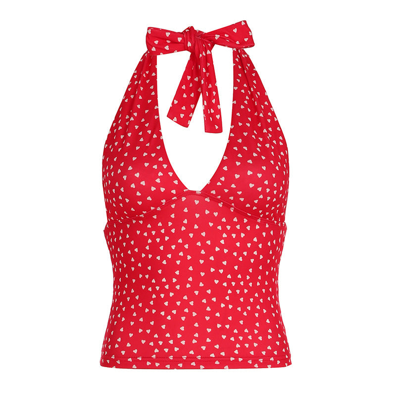 Bohemian Gingham/Heart Print Halter Deep V Form-Fitting Top