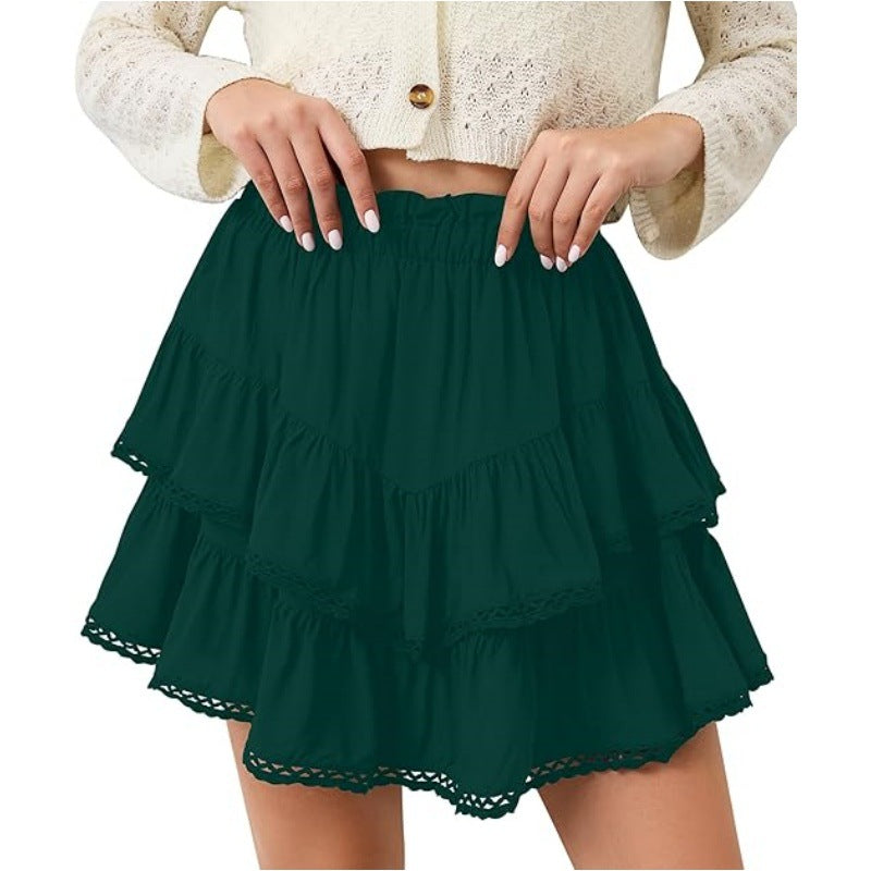 Multi-Color Lace Trim Double Ruffle Mini Skirt | High Waist Elastic A-Line Skirt