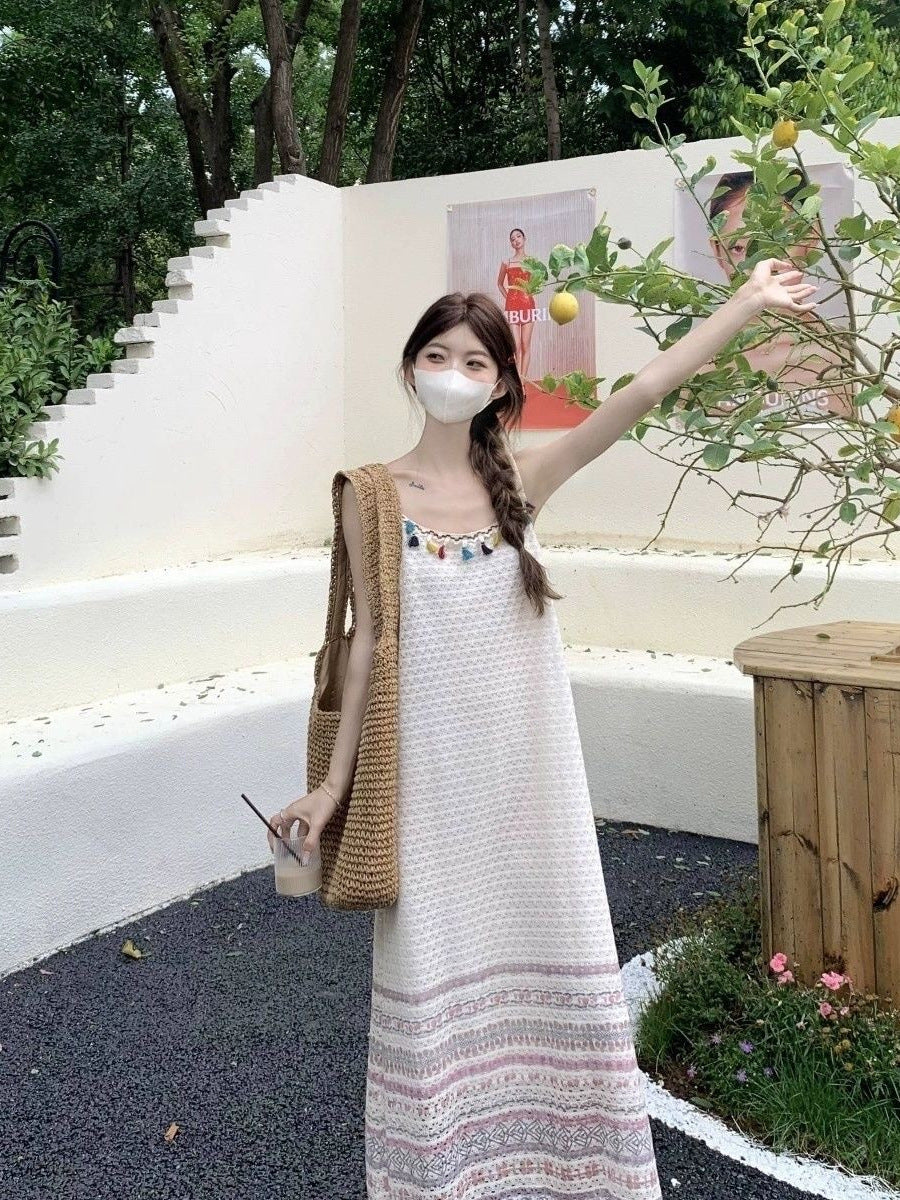 Boho Color Tassel Fringe Jacquard Cami Maxi Dress | Ethnic Style Vacation Loose Slimming Dress