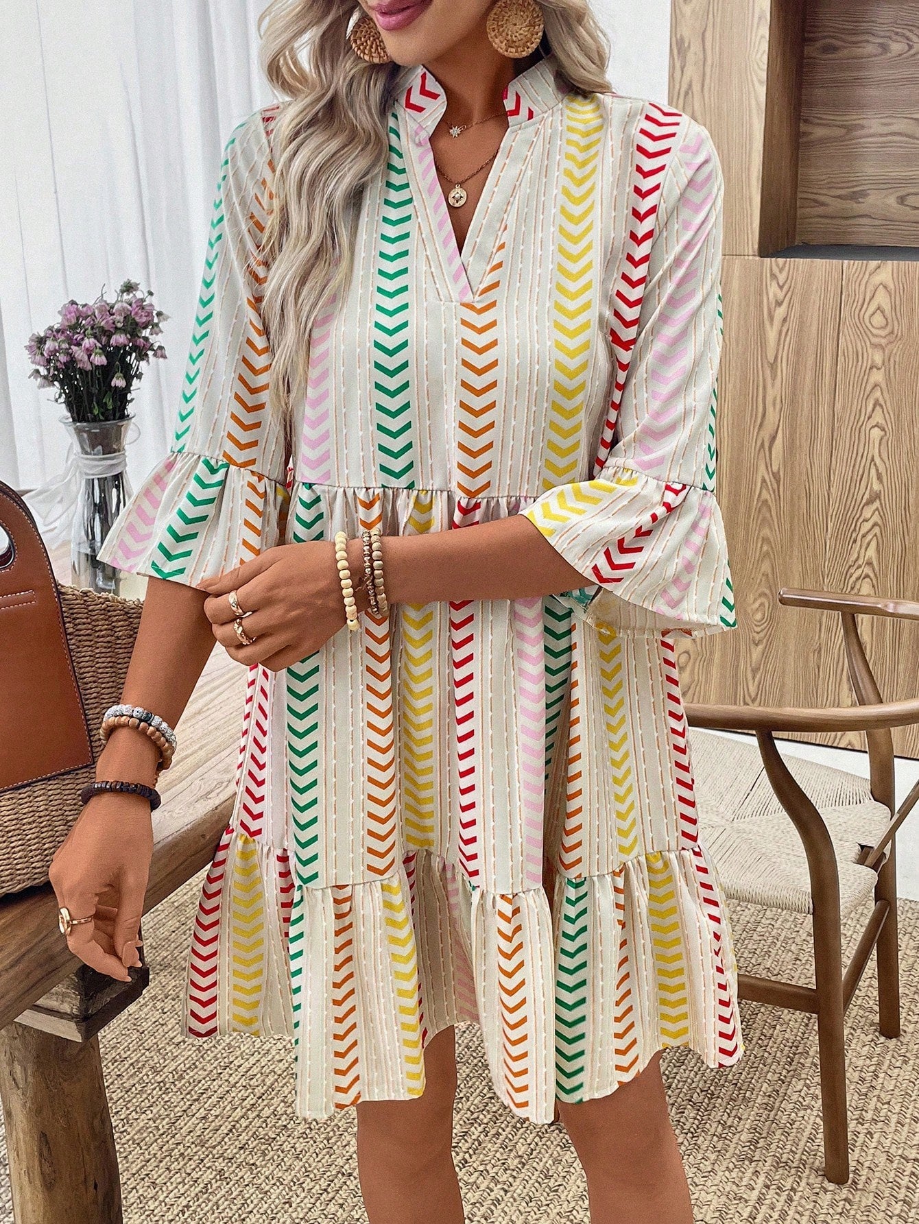 Boho Colorful Arrow Stripe V Neck Bell Sleeve Ruffle Hem Loose Dress