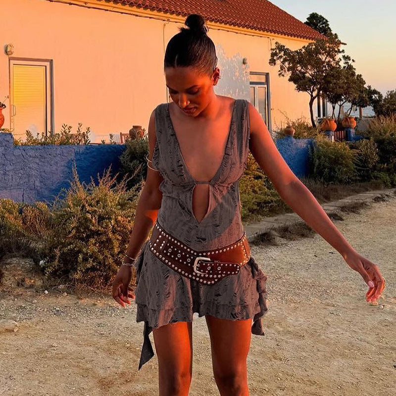 Bohemian Distressed Halter Deep-V Asymmetrical Dress Collection