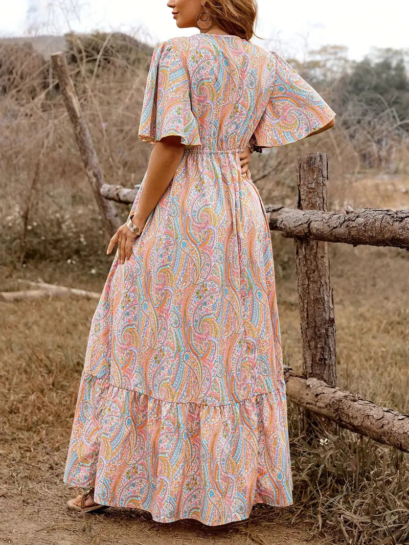 Boho Paisley Print V-Neck Waisted Maxi Dress