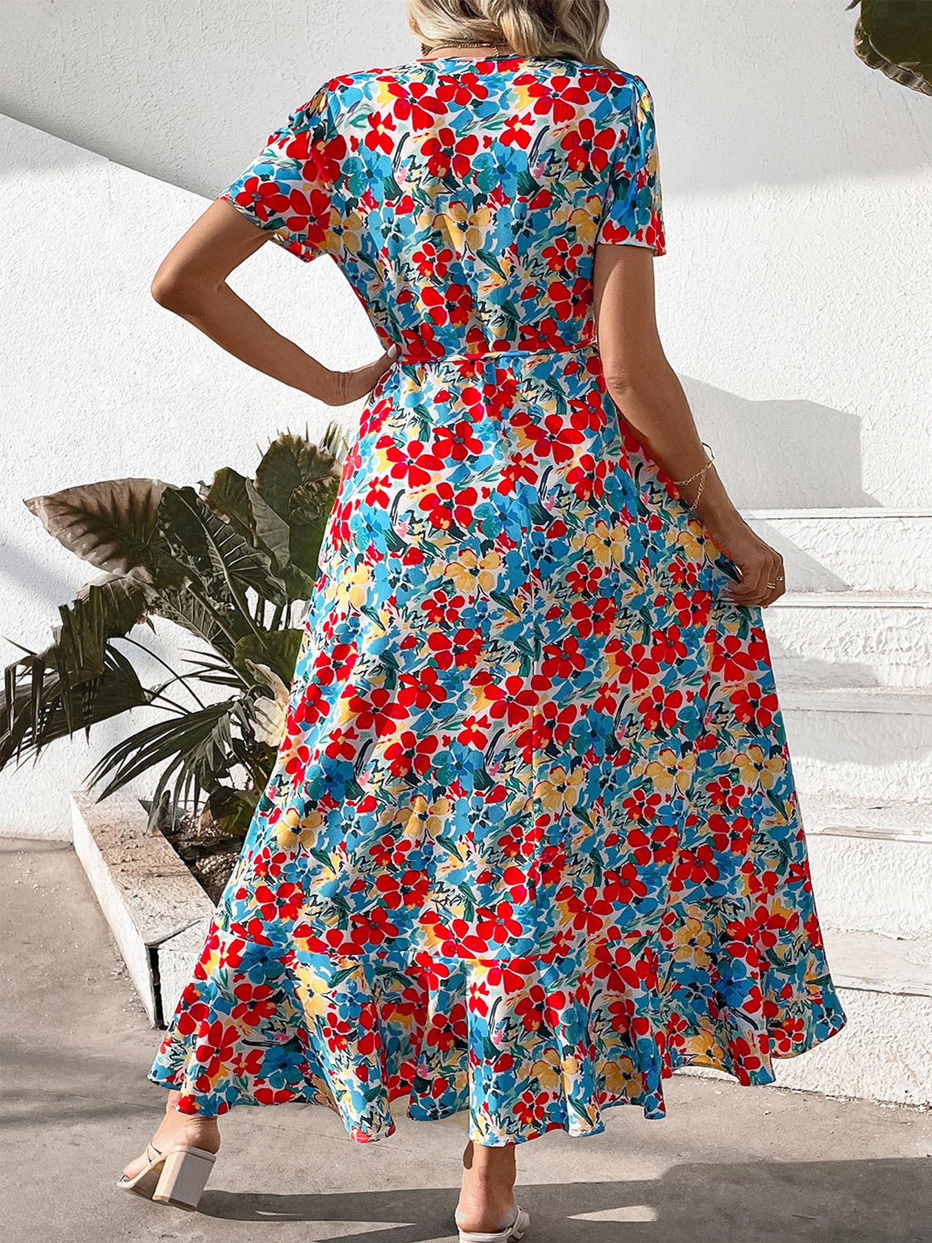 Colorful Floral V-Neck Wrap Tie Short Sleeve Midi Dress