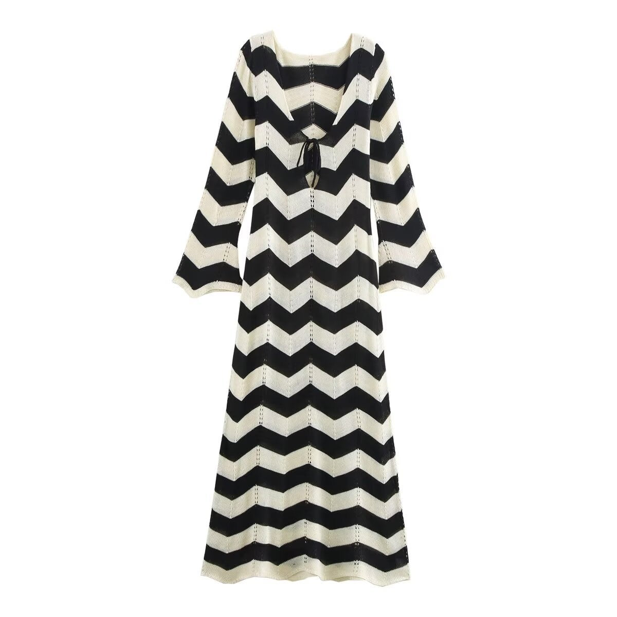 Black White Chevron V-Neck Tie Knit Maxi Cover Up | Vacation Style Knitwear