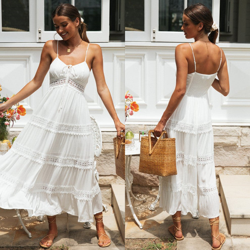 White Lace Patchwork Spaghetti Strap Tiered Dress | Boho Vacation Maxi Dress