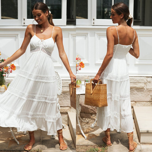 White Lace Patchwork Spaghetti Strap Tiered Dress | Boho Vacation Maxi Dress