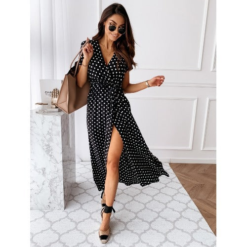Polka Dot V-Neck High Waist Slit Maxi Dress | French Vacation Style Short Sleeve Dress