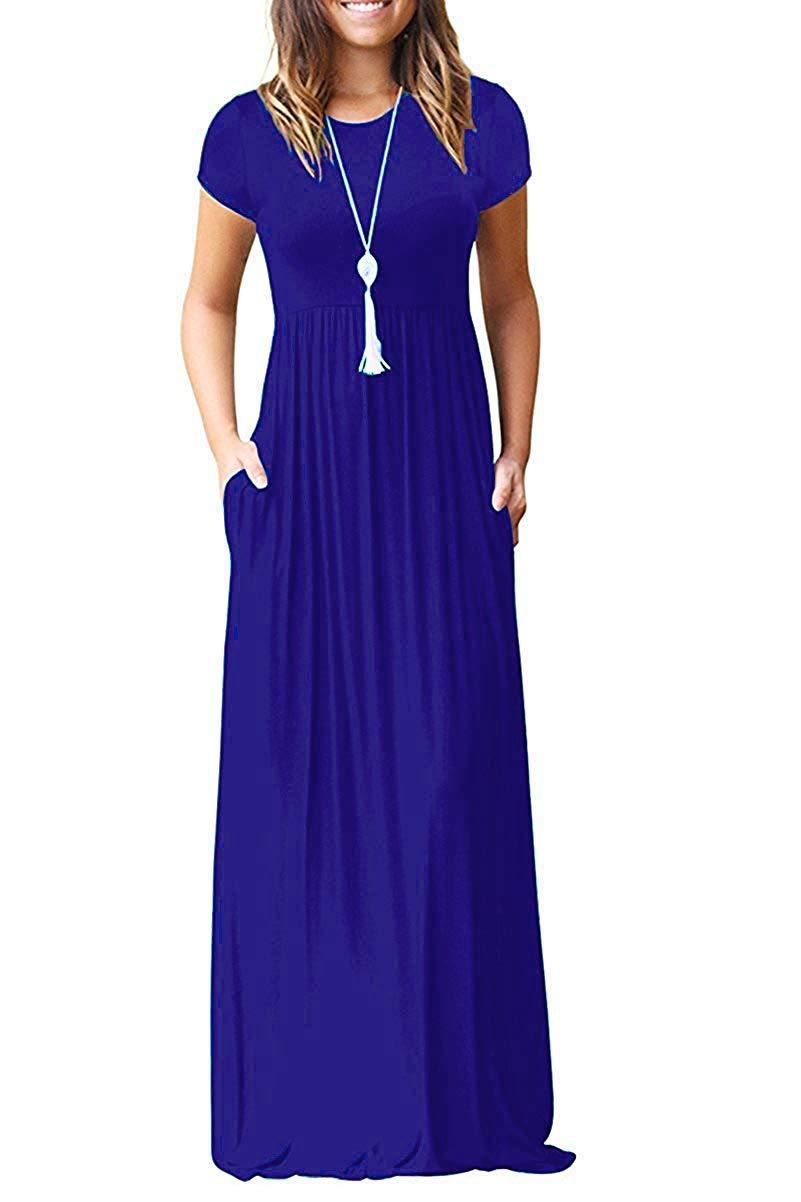 Multi-Color Round Neck Short Sleeve Waisted Maxi Dress