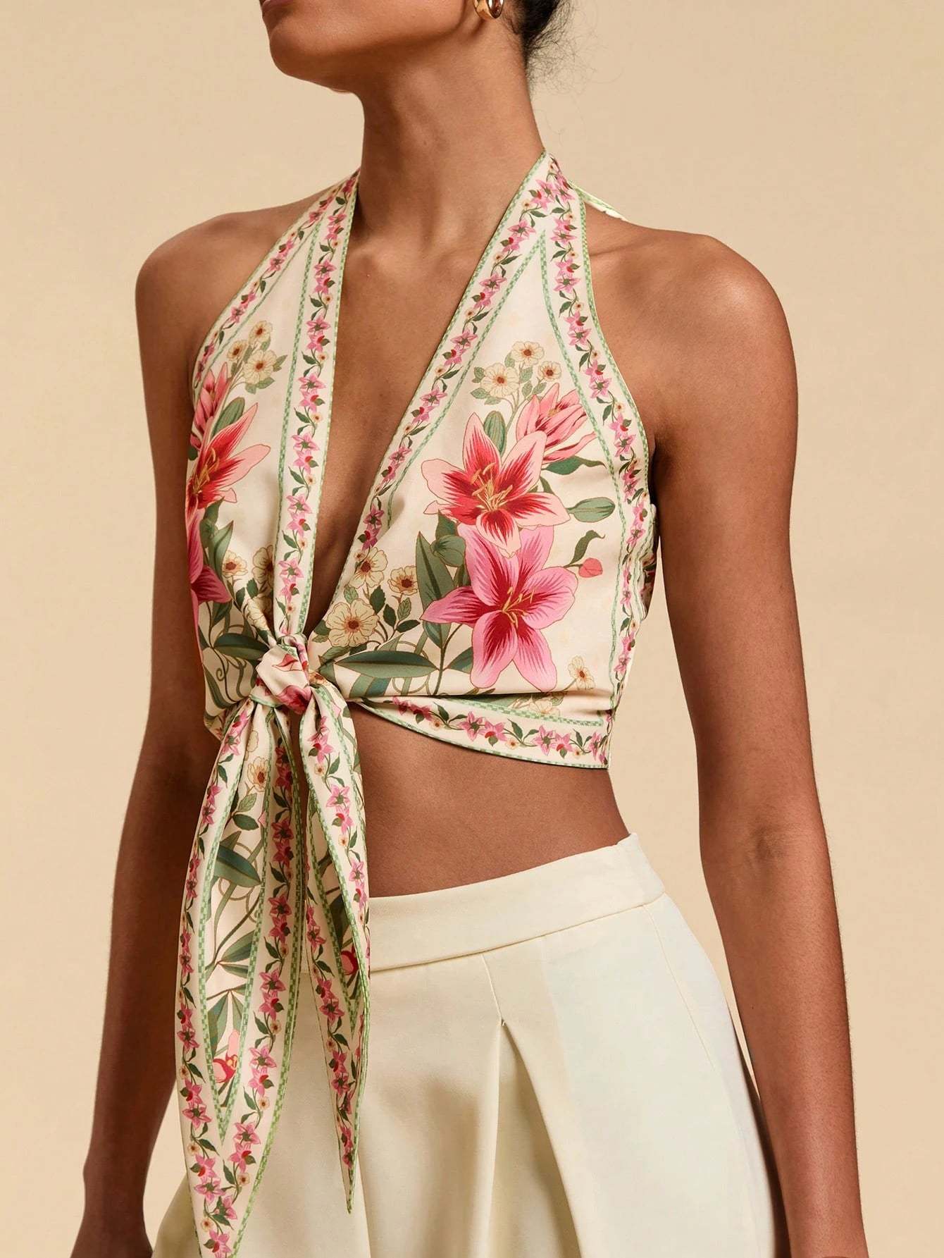 Bohemian Floral Print Halter Tie-Back Cropped Top