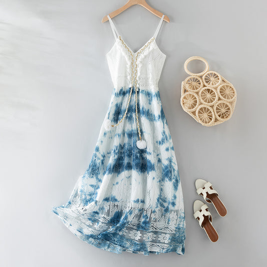 Boho Blue White Tie Dye Lace Cami Maxi Dress | Ethnic Style Vacation Elegant Waist-Cinching Slimming Dress