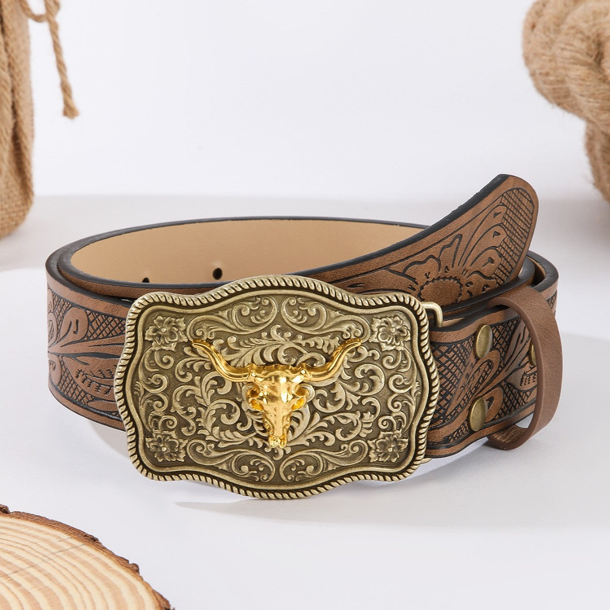 Western Cowboy Style Bull Head Carved Belt | Vintage Embossed Personalized Leather Belt