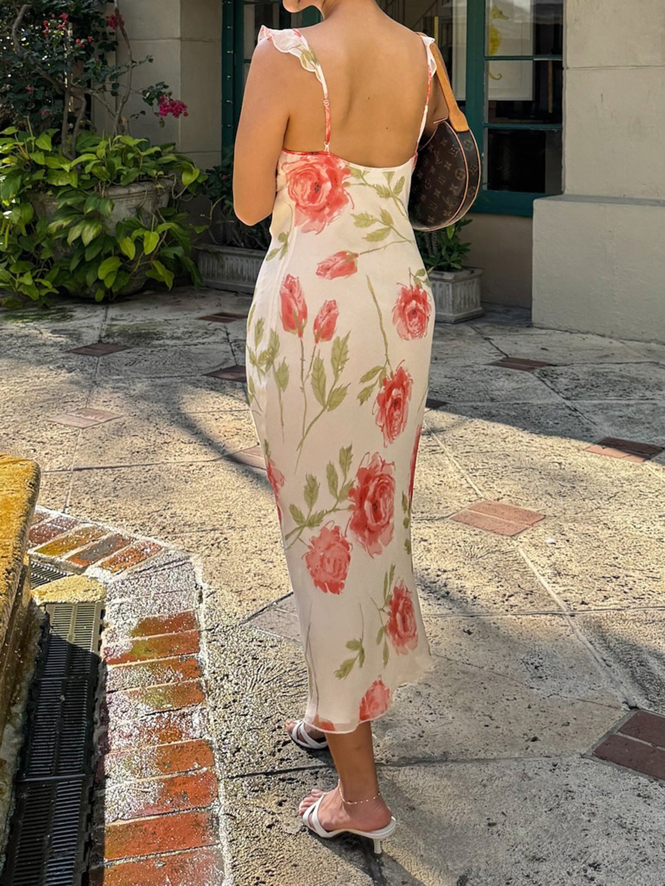 Bohemian Rose Print Ruffled Strap Maxi Dress