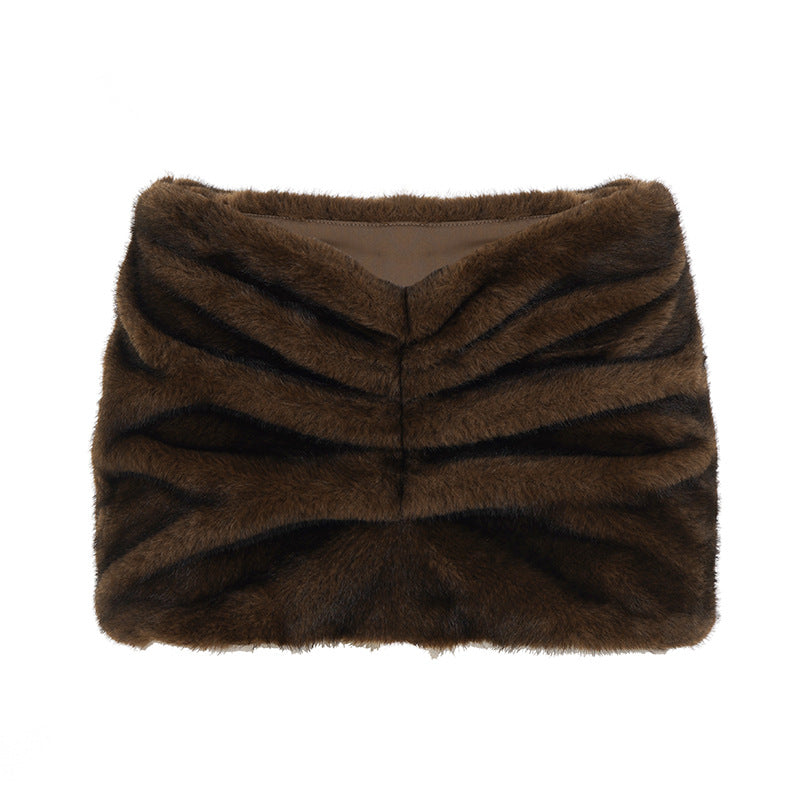 Boho Faux Fur Ruched V-Waist Mini Skirt