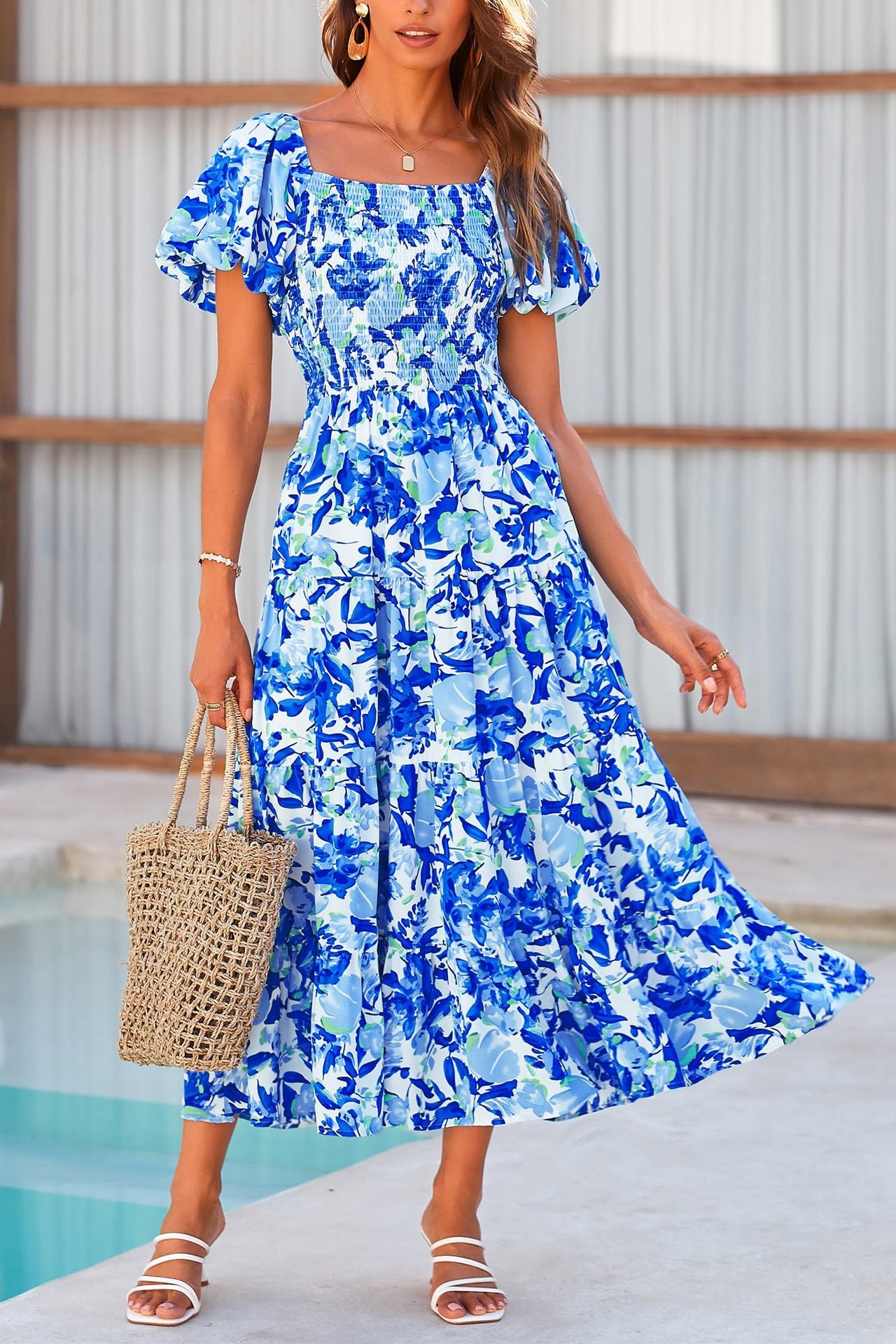 Blue & White Floral Square Neck/Off-Shoulder Puff Sleeve Tiered Midi Dress