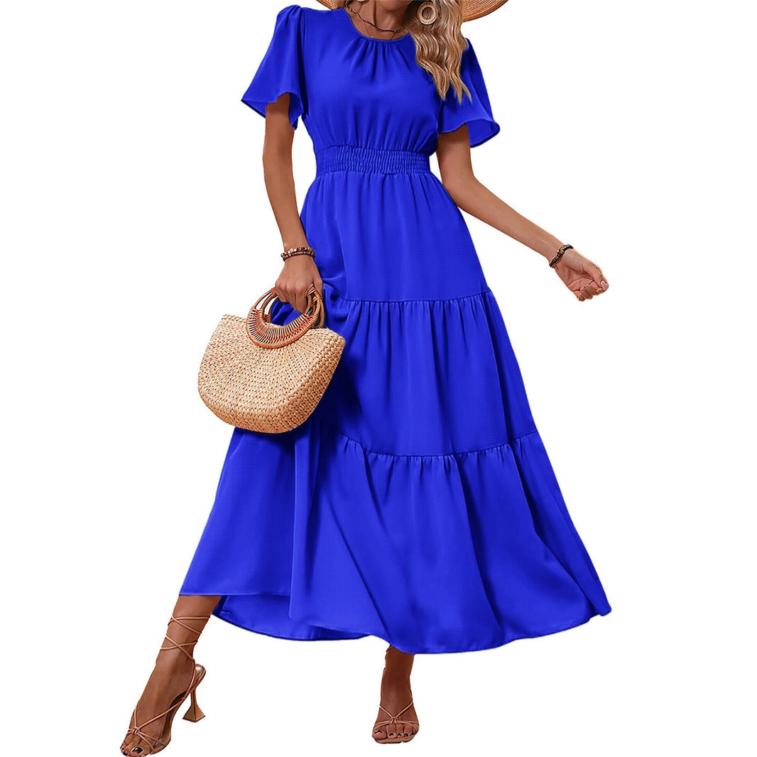 Boho Round Neck Tiered Waist-Cinched Maxi Dress