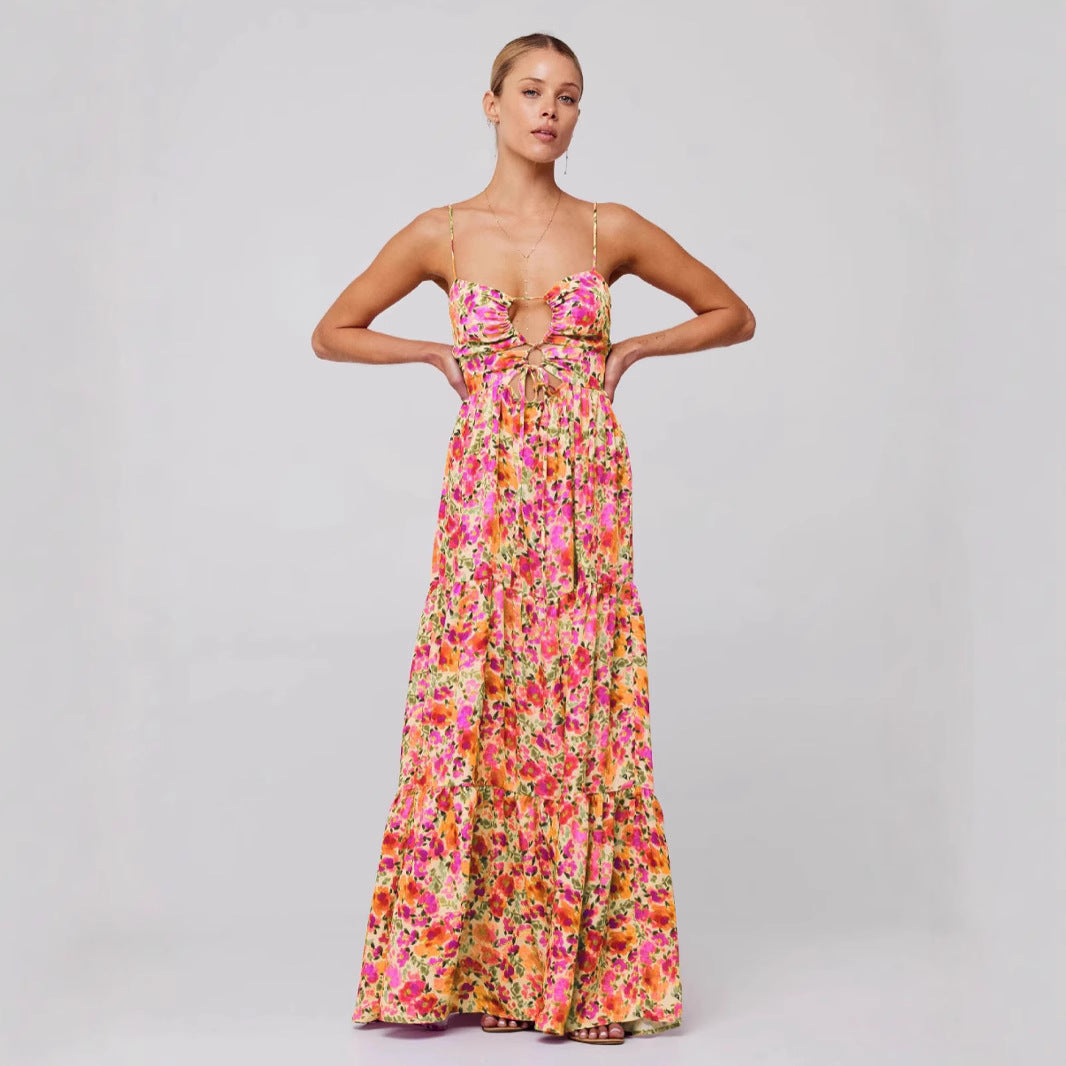Multi-Color Floral Cutout Tie-Front Cami Tiered Maxi Dress | Vacation Style Sexy Backless Beach Dress