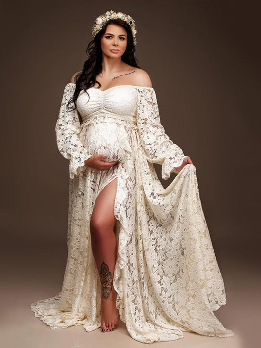 Boho Off Shoulder Lace Slit Train Maternity Photoshoot Gown