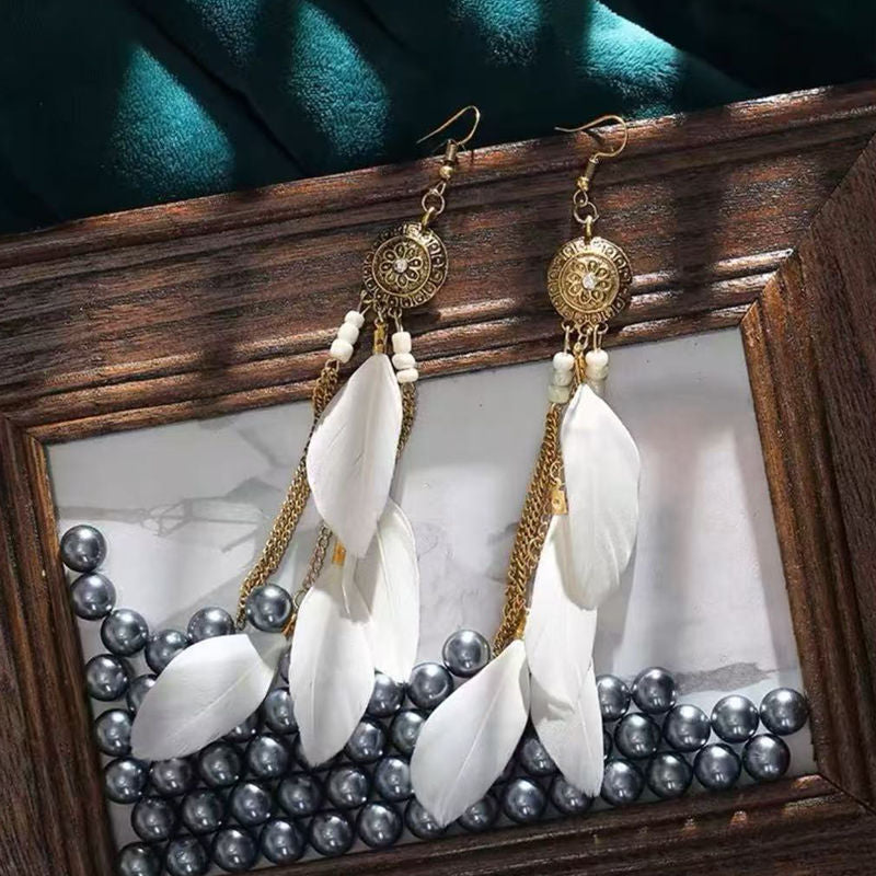 Boho Blue Feather Tassel Earrings | Ethnic Style Niche Design Jewelry