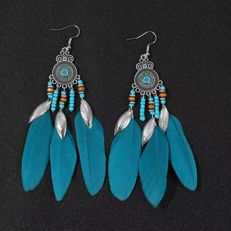 Boho Blue Feather Tassel Earrings | Ethnic Style Niche Design Jewelry
