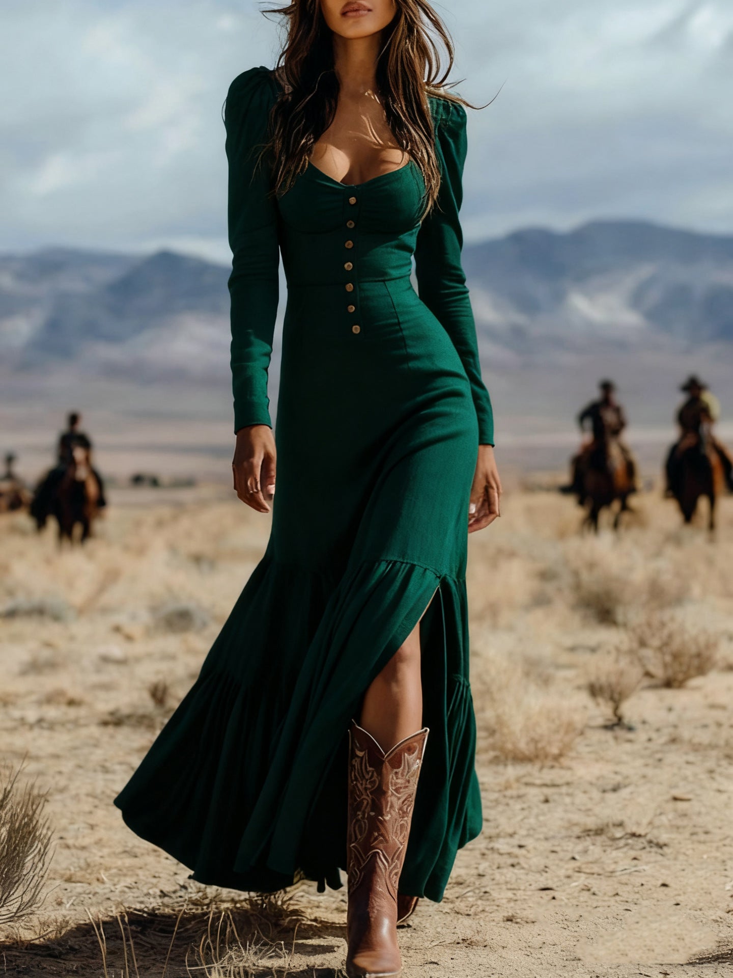American Western Style Square Neck Button Slit Long Sleeve Flare Maxi Dress | Retro Vacation Slimming Long Dress