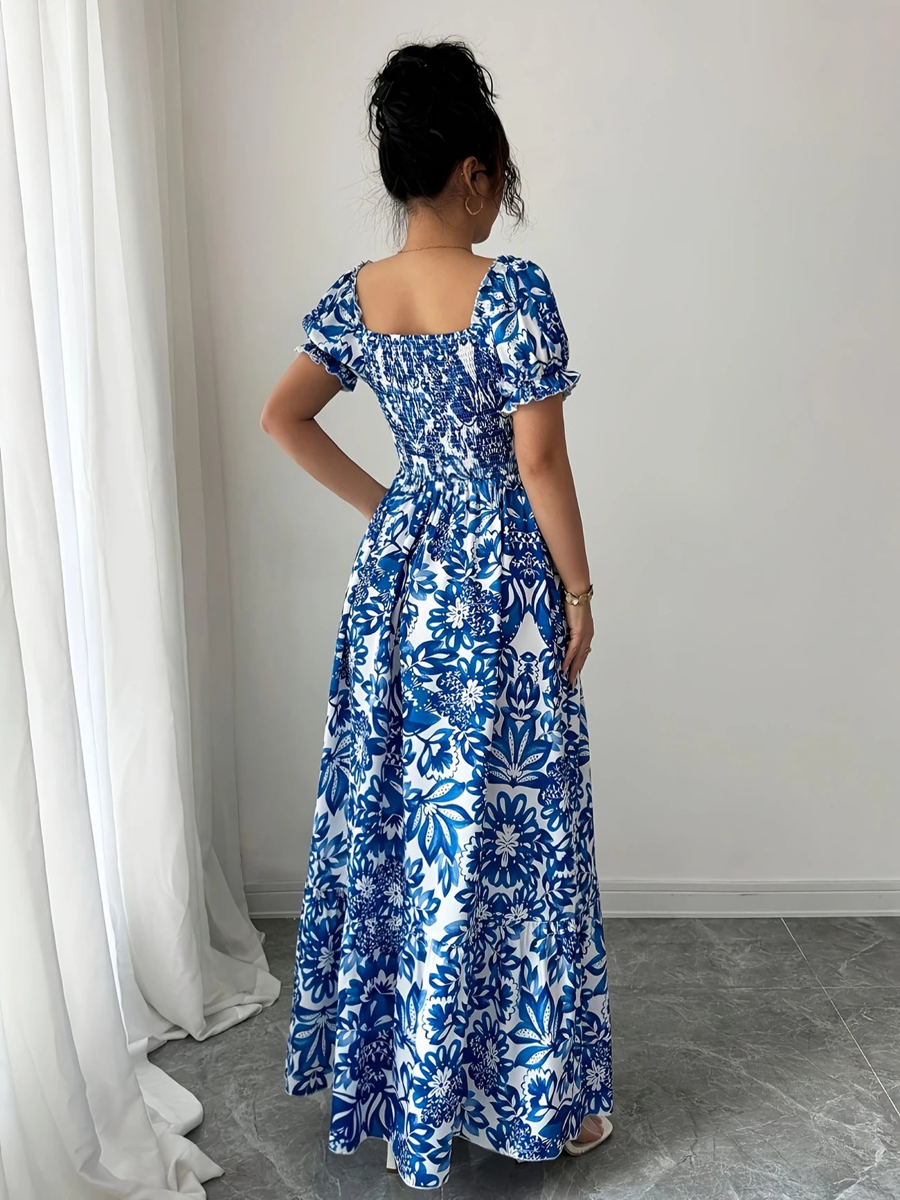 Blue & White Porcelain Print Boho Square Neck Maxi Dress