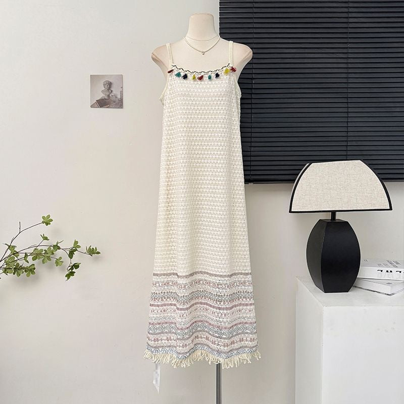 Boho Color Tassel Fringe Jacquard Cami Maxi Dress | Ethnic Style Vacation Loose Slimming Dress
