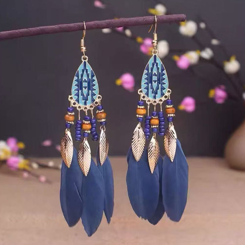Boho Blue Feather Tassel Earrings | Ethnic Style Niche Design Jewelry
