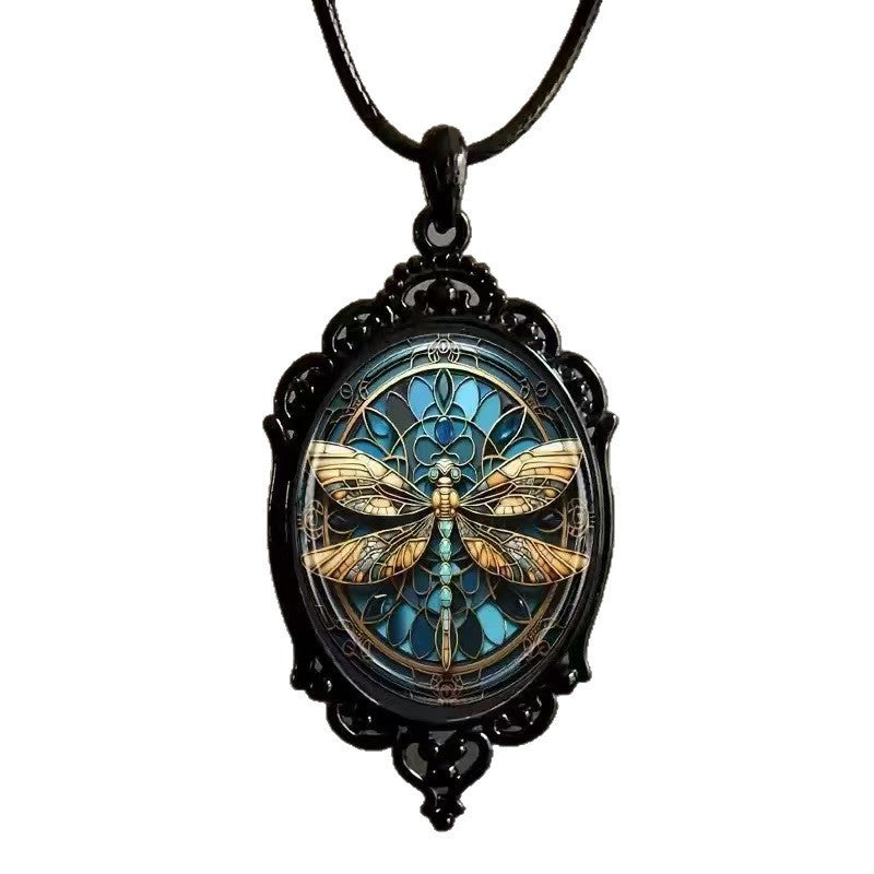 Gothic Vintage Oval Printed Pendant Necklace | Unique Design Tree of Life Dragonfly Choker
