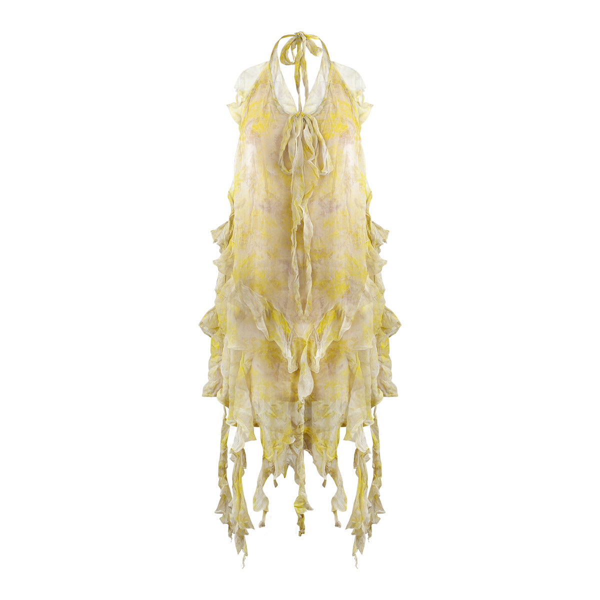 Yellow White Tie Dye Halter Ruffle Fringe Mini Dress | Vacation Style Irregular Chiffon Dress