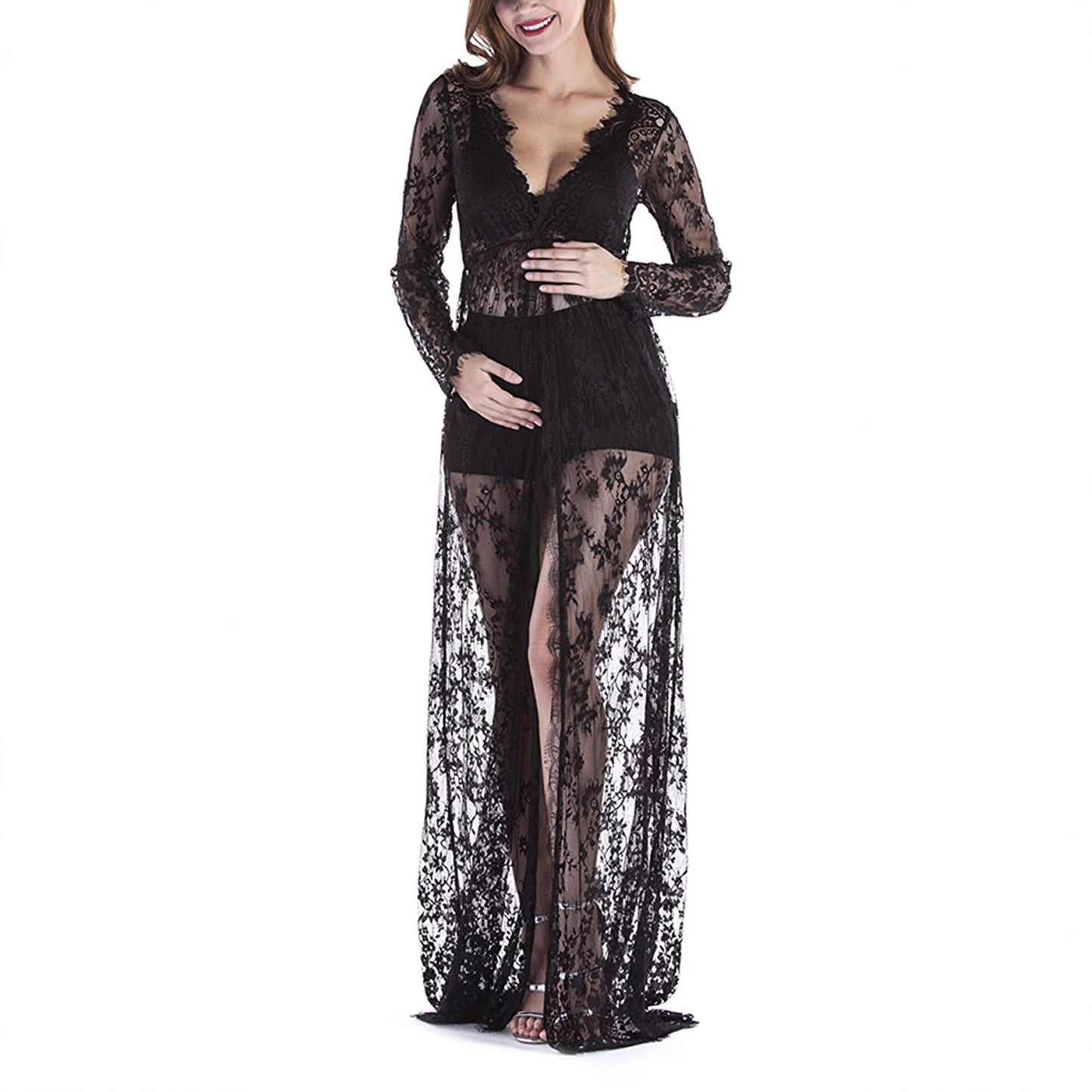Maternity Photo Shoot Lace Sheer Open Front Maxi Robe