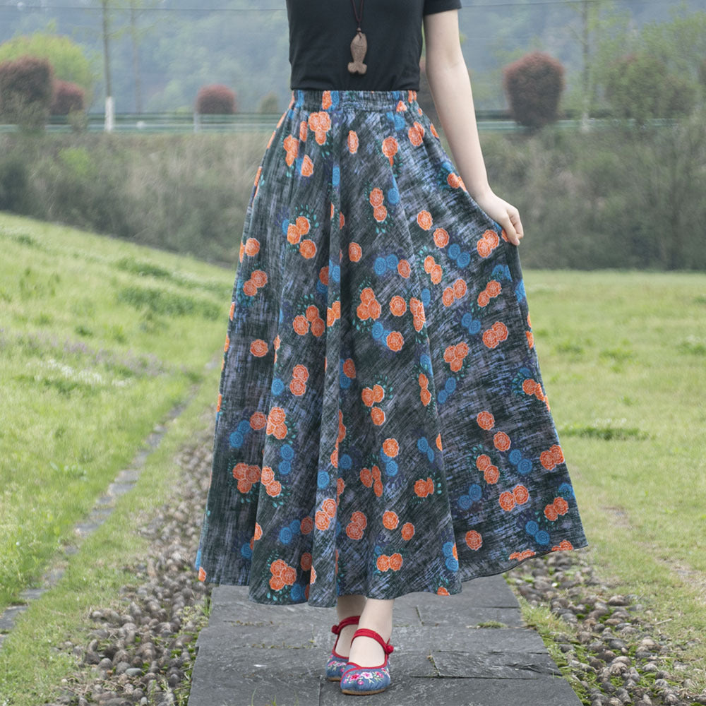 Cotton and linen printed maxi skirt | Retro ethnic style elastic waist midi skirt