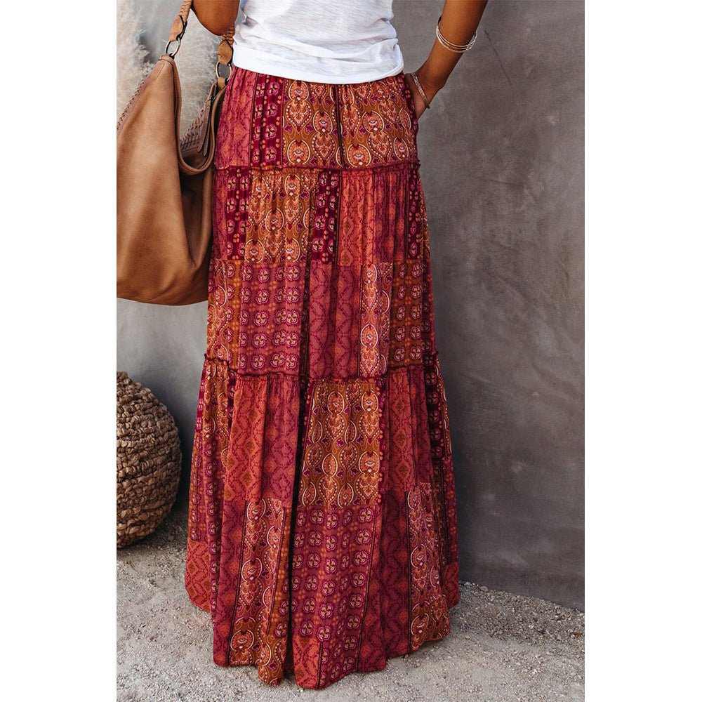 Bohemian Patchwork Print Tiered Maxi Skirt | Elastic Waist Pocket Skirt
