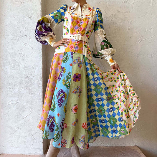 Boho Vintage Color Block Print Shirt Maxi Dress | Ethnic Style Niche Design Waist-Cinching Slimming Dress