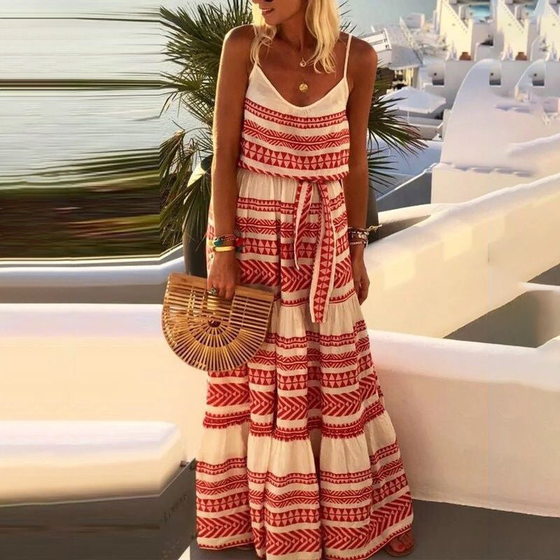 Boho Geometric Print V-Neck Spaghetti Strap Tiered Maxi Dress