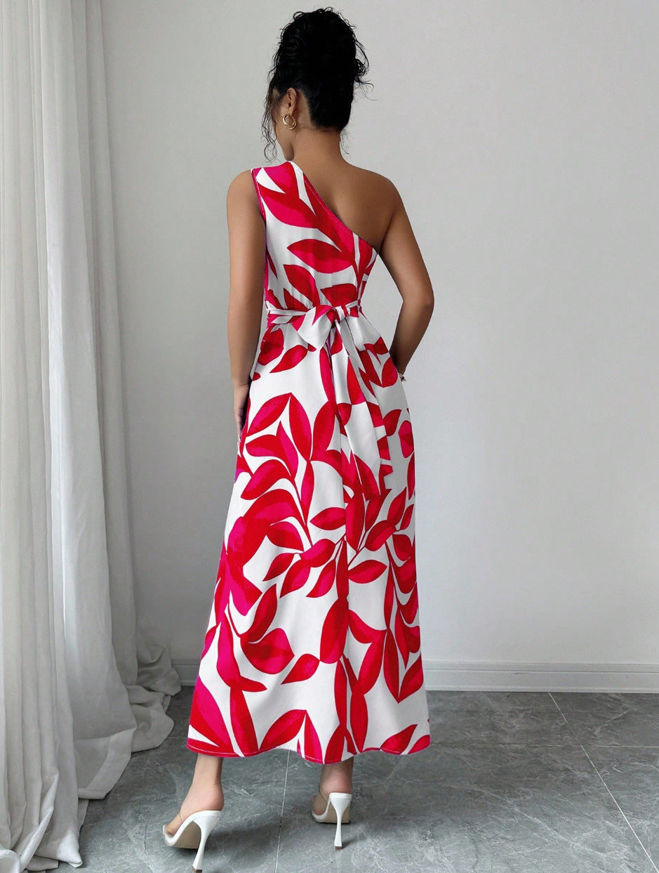 French One Shoulder Leaf Print Waist-Cinching Slit Maxi Dress | Vacation Style Elegant Slimming Tea Dress