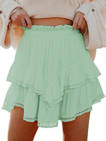 Boho Elastic Waist Tiered Ruffle Lace Trim Loose Mini Skirt