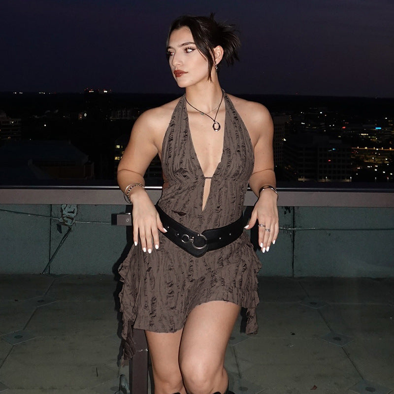 Bohemian Distressed Halter Deep-V Asymmetrical Dress Collection