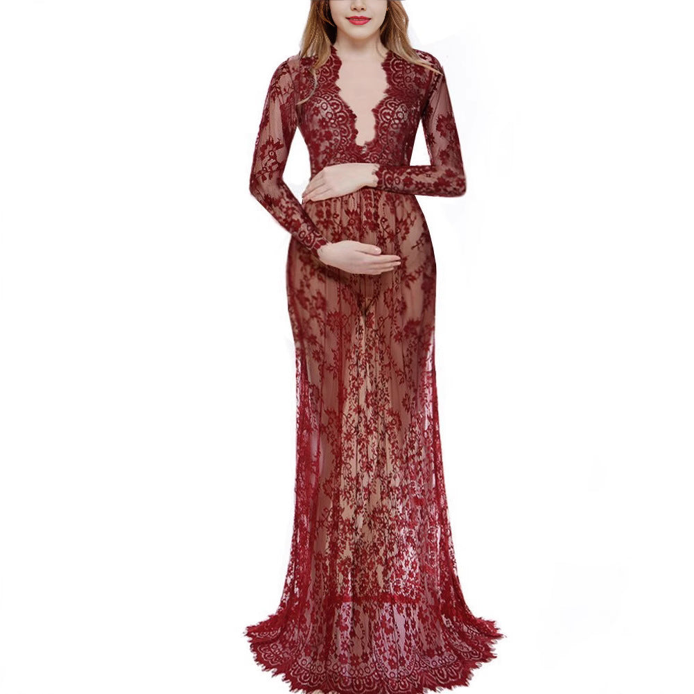 Maternity Photo Shoot Lace Sheer Trailing Maxi Dress