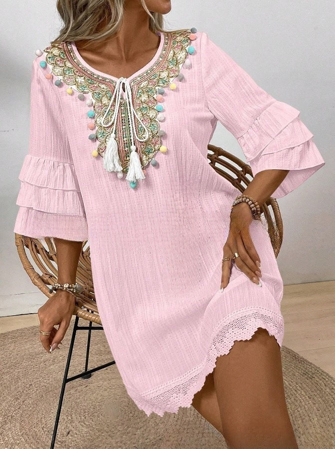 Boho Embroidered Pom Pom Tassel Ruffle Lace Mini Dress | Ethnic Style Vacation Loose A-Line Dress