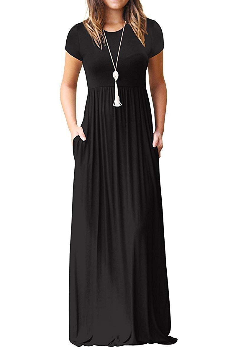 Multi-Color Round Neck Short Sleeve Waisted Maxi Dress