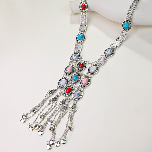Boho Color Stone Tassel Necklace | Vintage Ethnic Style Niche Design Jewelry